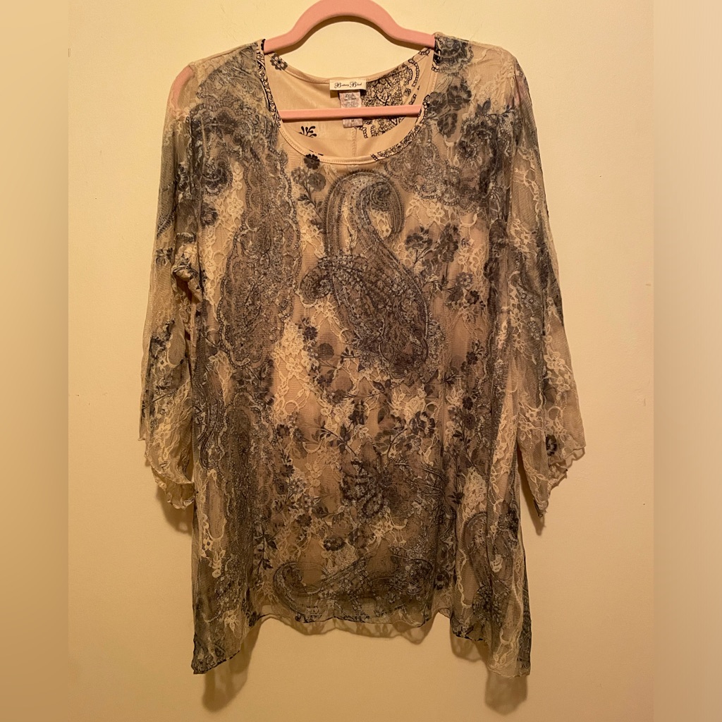 Brittany Black Sheer Lacey Cream And Black A-Line Lined Top. Size 2x.